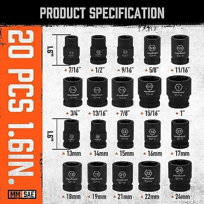 24pc 1/2″ Drive Impact Socket Set SAE/Metric Cr-V 6-Point W/ Ratchet Handle New