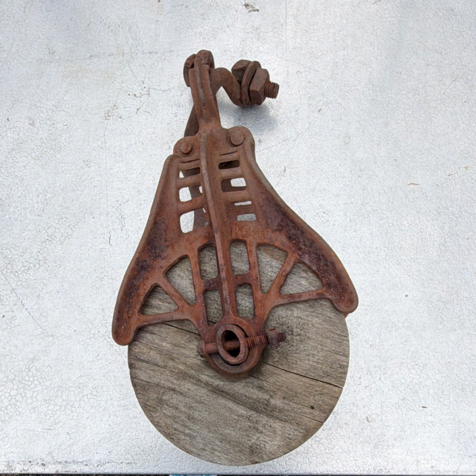Cast Iron & Wood Pulley Block Marked 11599 Approx 8 Inch Antique Vintage