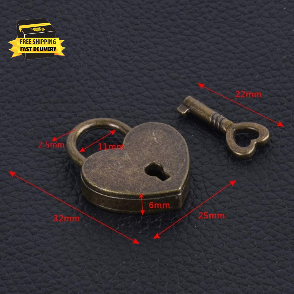 Antique Brass Heart Shape Padlock, Key Lock, Bronze, Padlock, Travel, Storage ⭐️