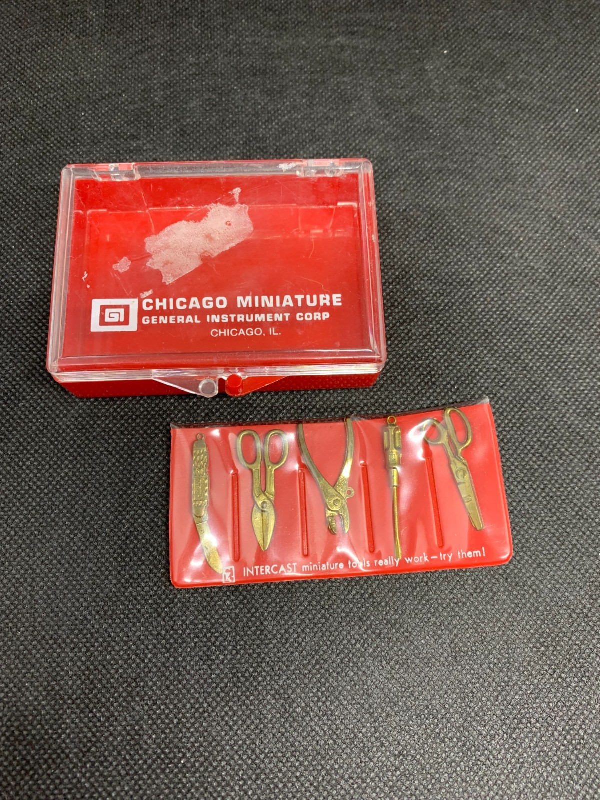 Vintage Intercast Set of 5 Miniature Metal Tools in Plastic Case & Box 1960’s