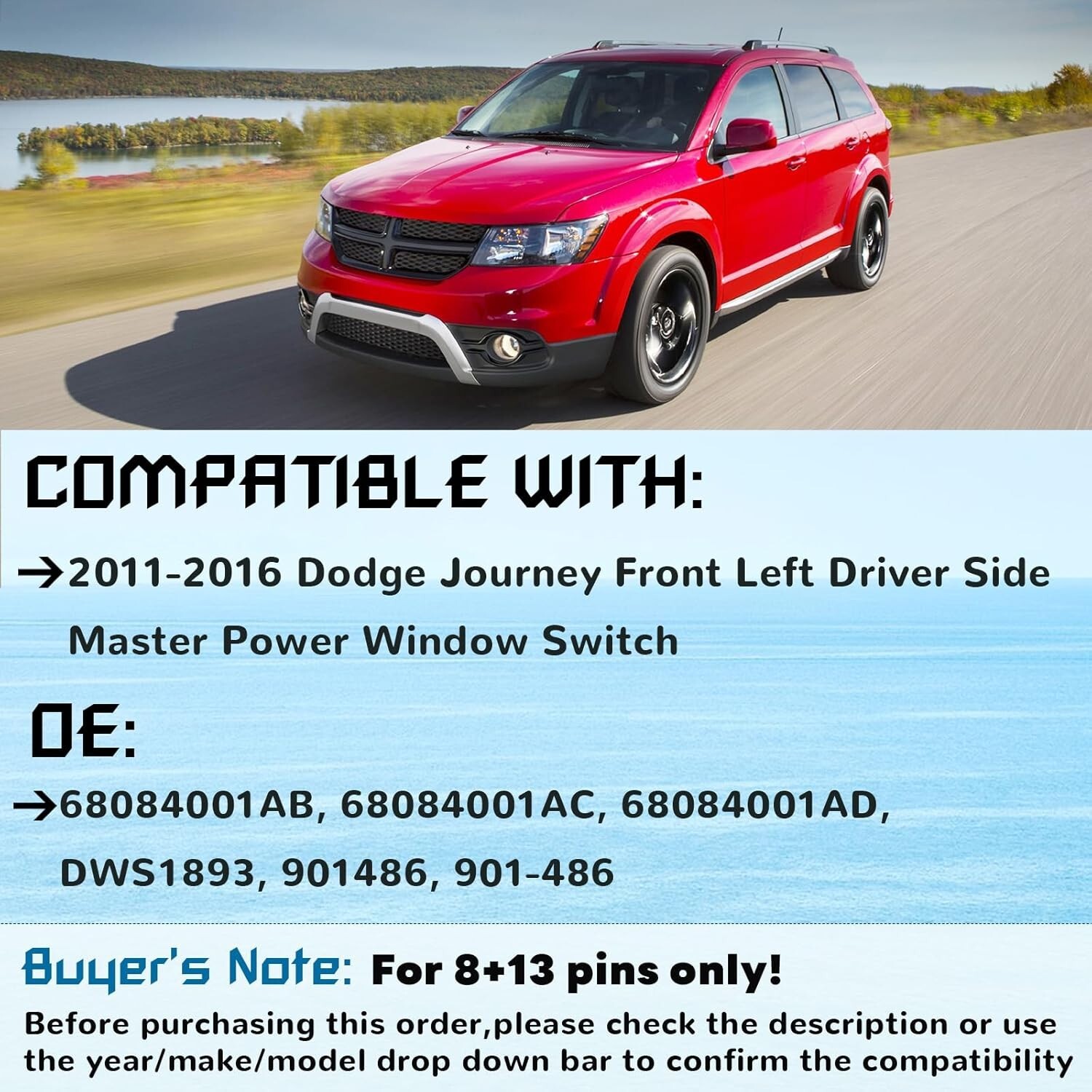 Master Power Window Switch, Driver Side 8 + 13 Pins, Replacement for 2011-2016