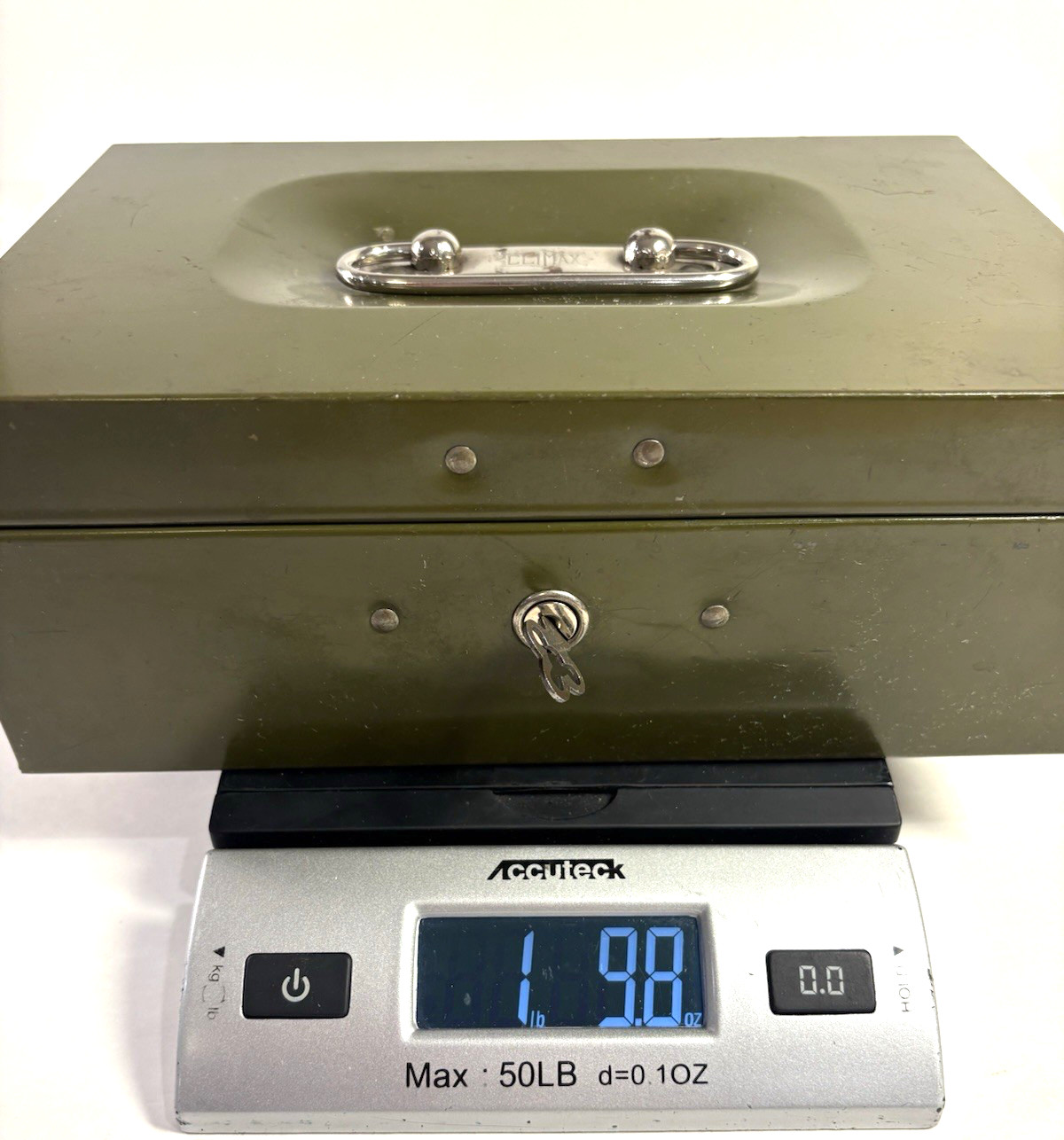 Vintage Climax Army Green Metal Cash Tool Keepsake Box Handle & Key Grandpa Core