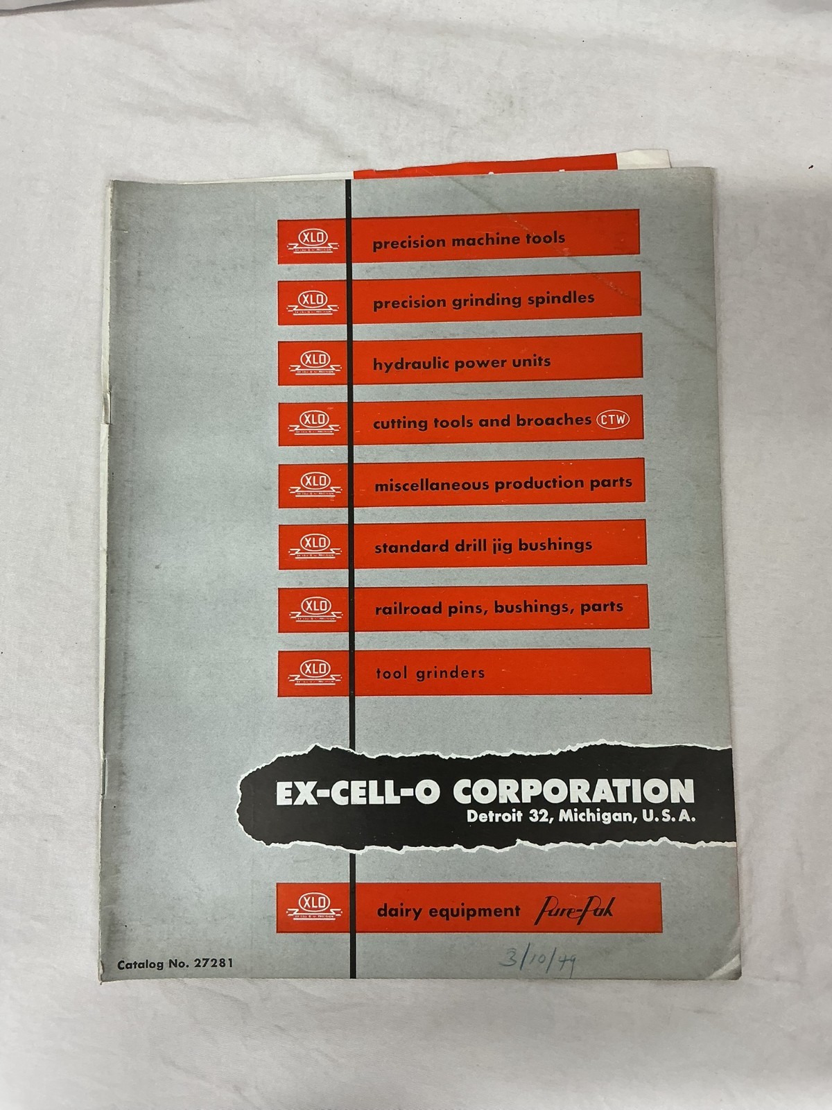 1949 Vintage Ex-Cell-O XLO Corporation Dairy Equipment Pure-Pak Catalog #27281 D