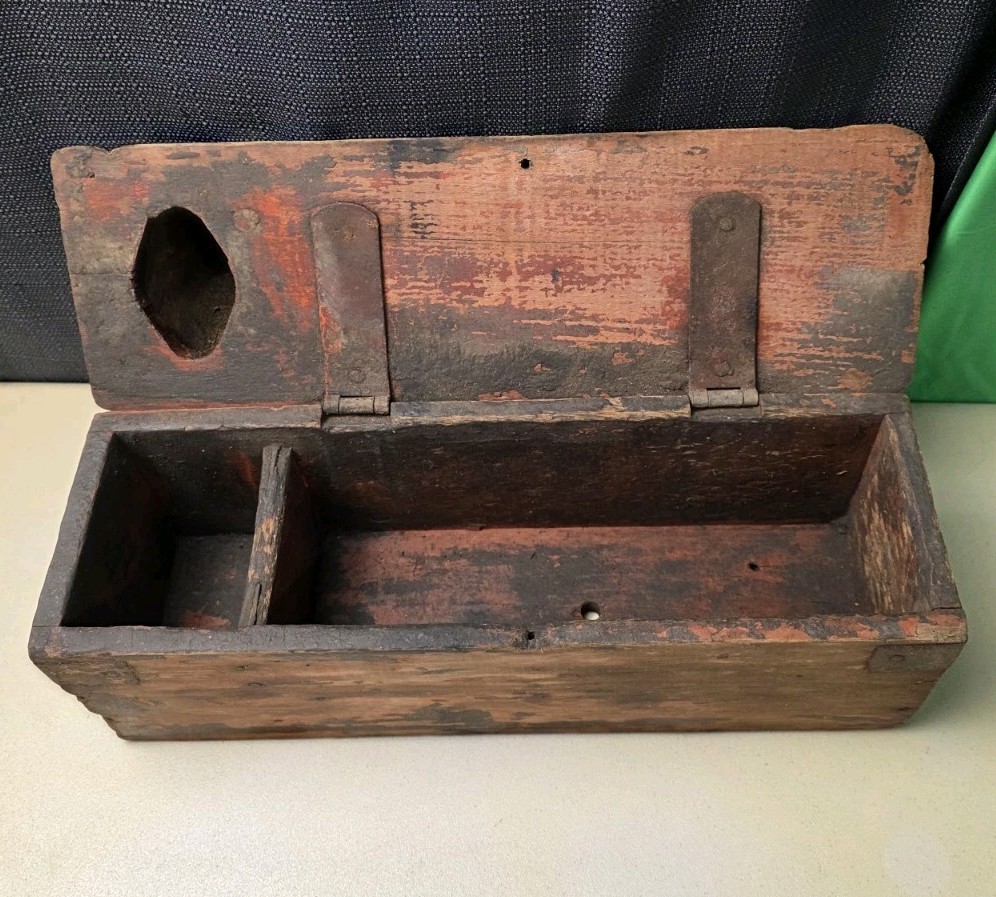 Antique Primitive Wood & Metal Farm Tractor Tool Box Oil Can Anti Tip Cone