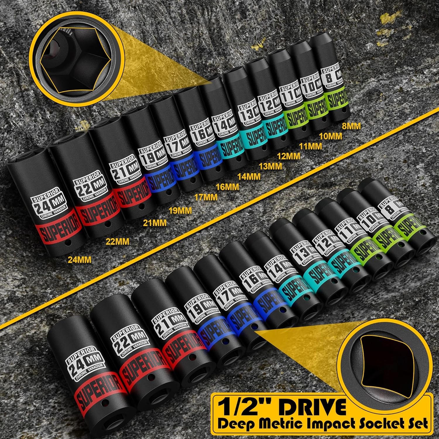 14 Piece 1/2″ Drive Impact Socket Set, 8 mm – 22 mm Deep Socket, Metric Socket