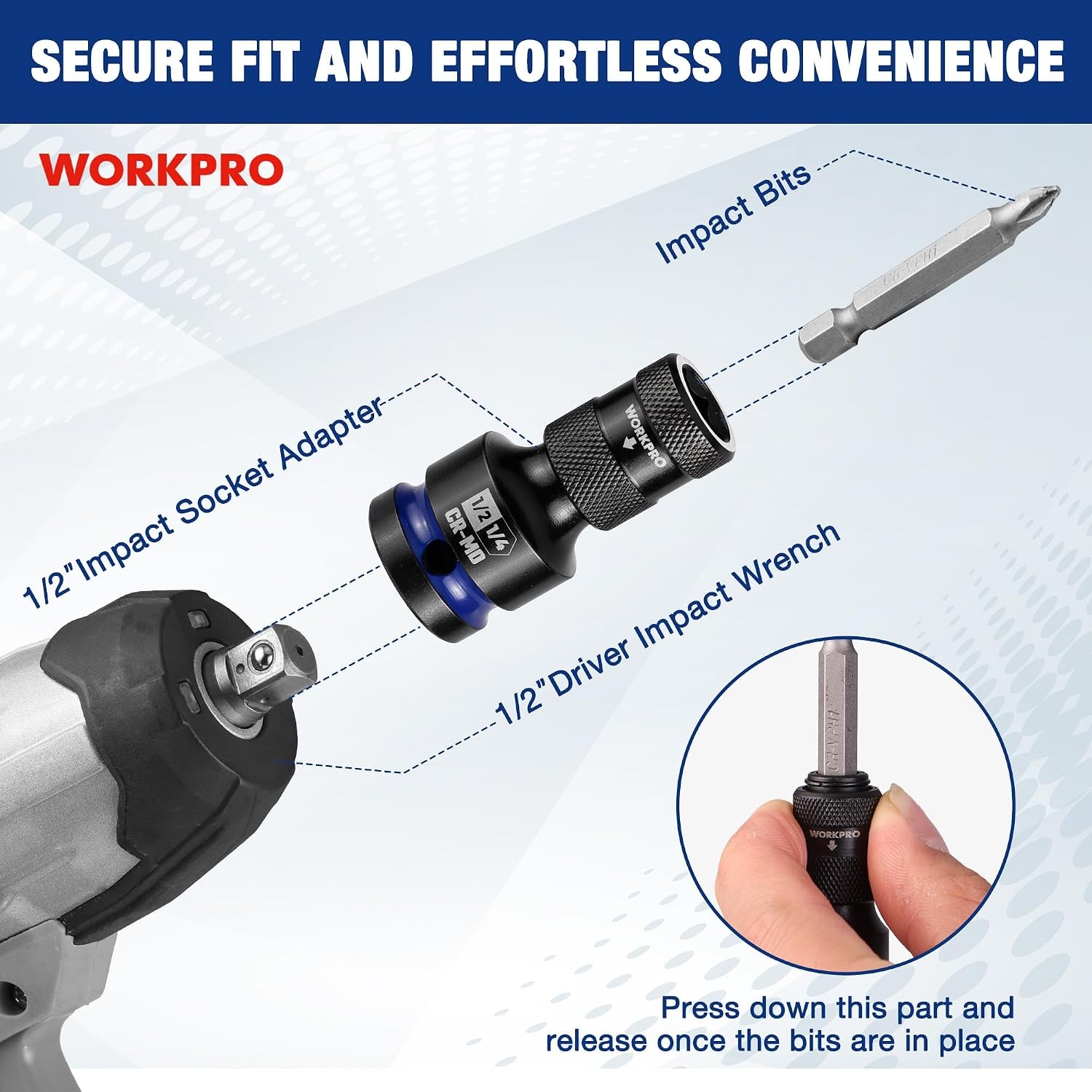 1/2 inch Drive to 1/4 inch Hex Quick Release CR MO Steel Adapter 1/2 inch