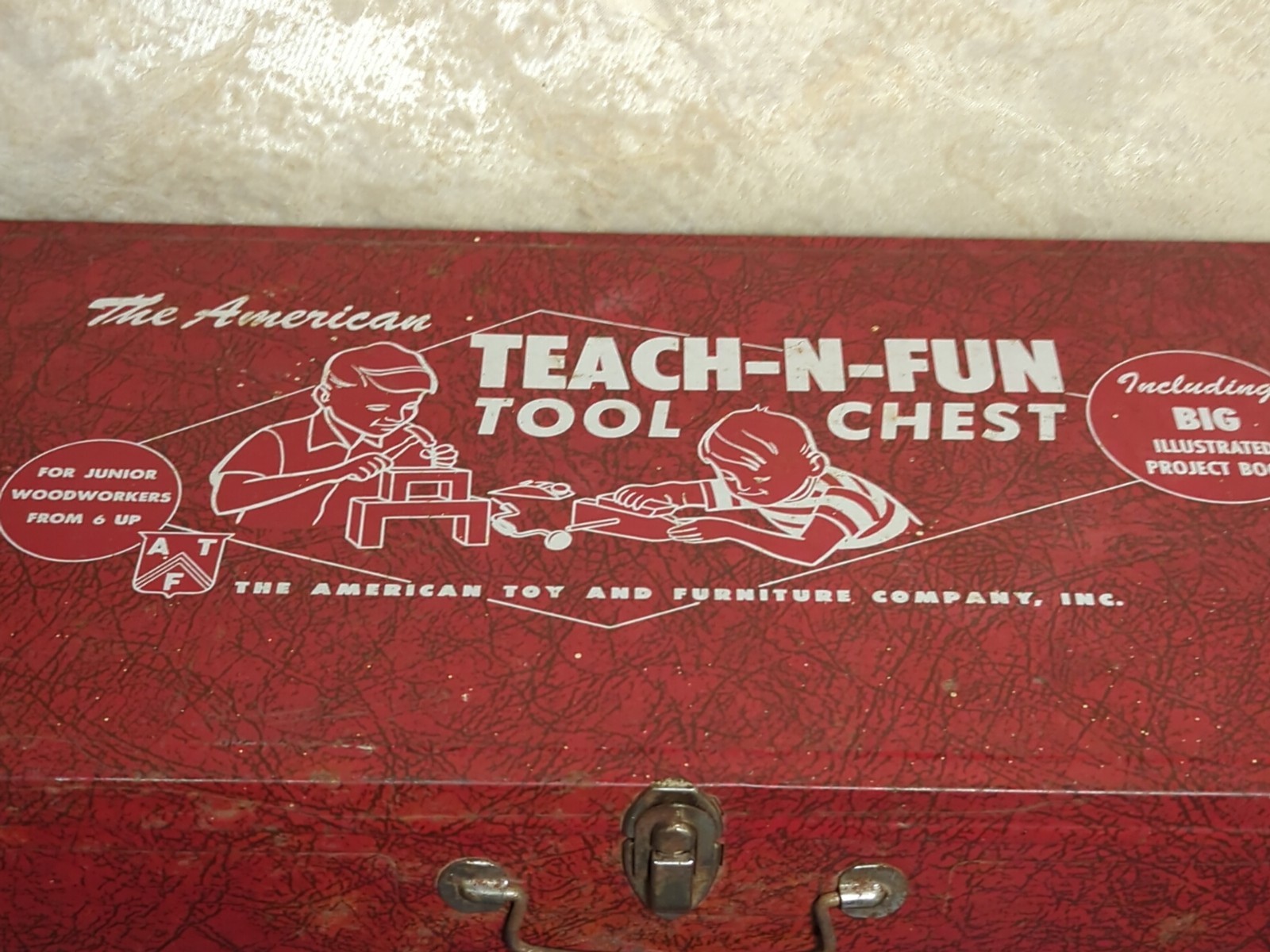Vtg Red Metal Tool Box & Tools Plane Hand Drill Kids The American Teach N Fun