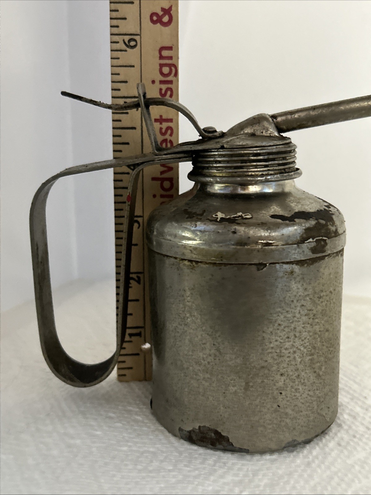 Vintage Plews Pump Oil Can Long Spout Metal Thumb Oiler USA Garage Tool Oiling