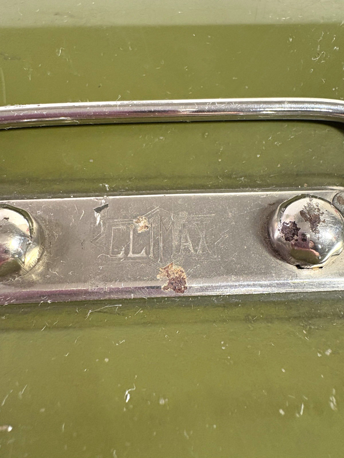 Vintage Climax Army Green Metal Cash Tool Keepsake Box Handle & Key Grandpa Core