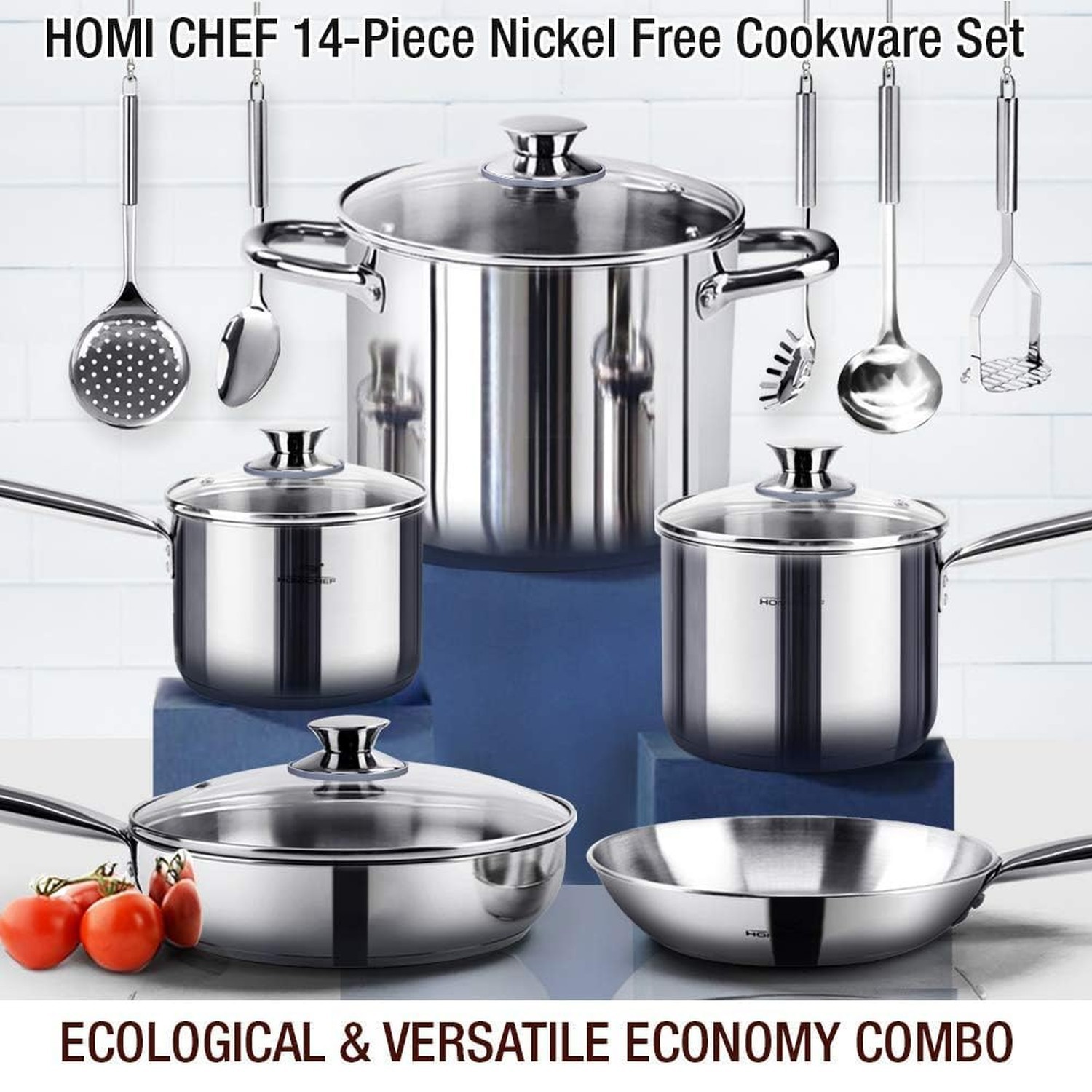 HOMICHEF 14-Piece Nickel Free Stainless Steel Cookware Set – Nickel Free Pots…