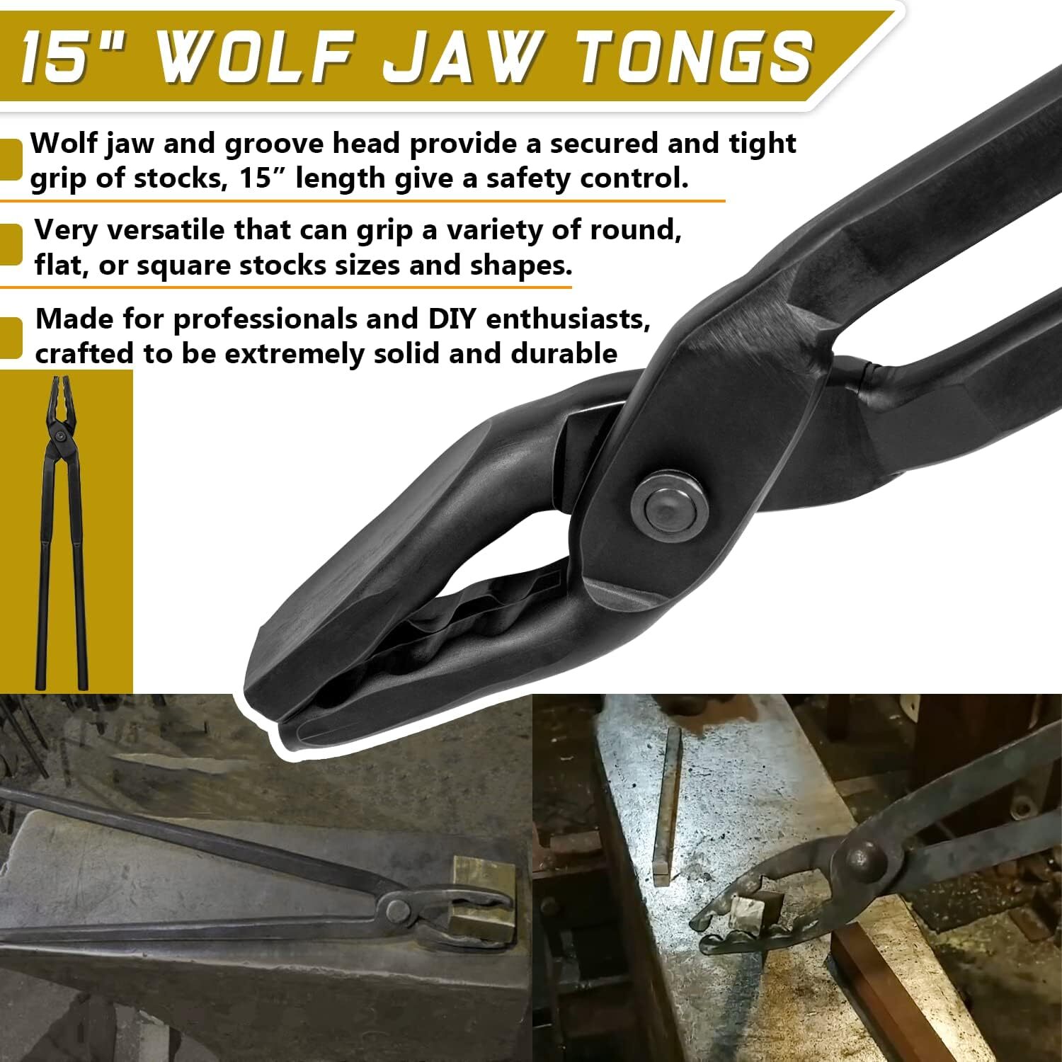 15” Upgraded Universal Blacksmith Tongs Wolf Jaw Blacksmithing Tongs (380mm)