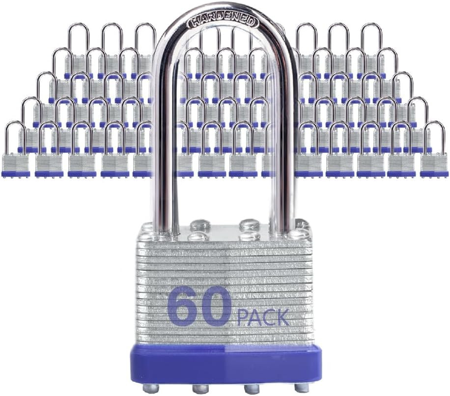 Laminated Steel Padlocks, Keyed Alike – 60 Pack, 1-9/16″ Shackle, Brass Cylinder