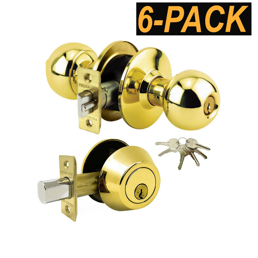 6PK Grade 3-Combo Lock Set Entry knob+Deadbolt Keyed Alike Brass+36 Keys GR3ED02