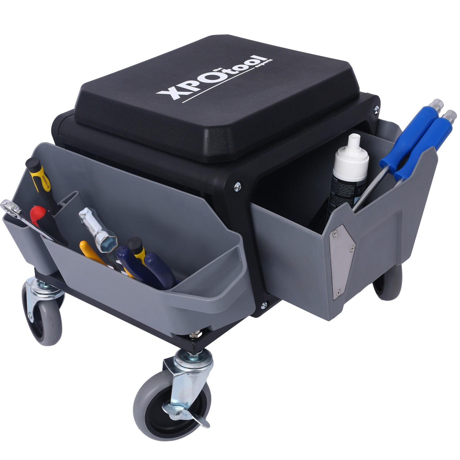 Heavy Duty Garage Stool 330lbs Load, Rolling Creeper w/ Wheels & Trays, Gray