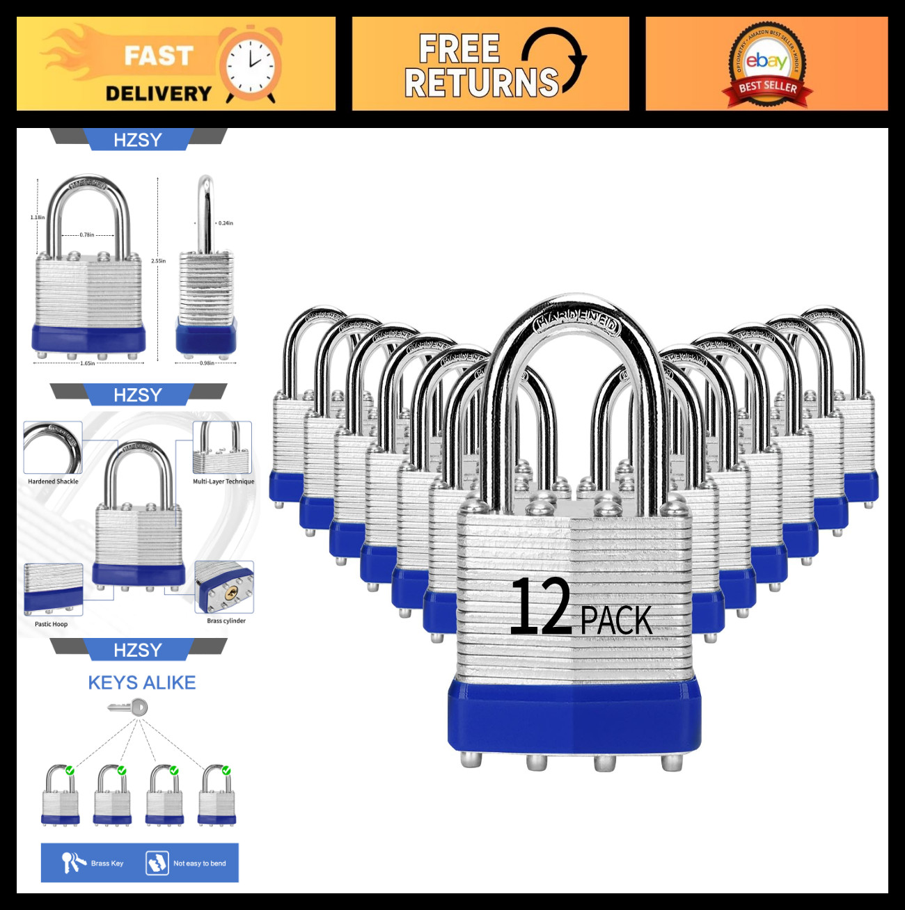 12 Pack Keyed Alike Padlocks – 40mm Laminated Steel, Hardened Shackle for Gates,