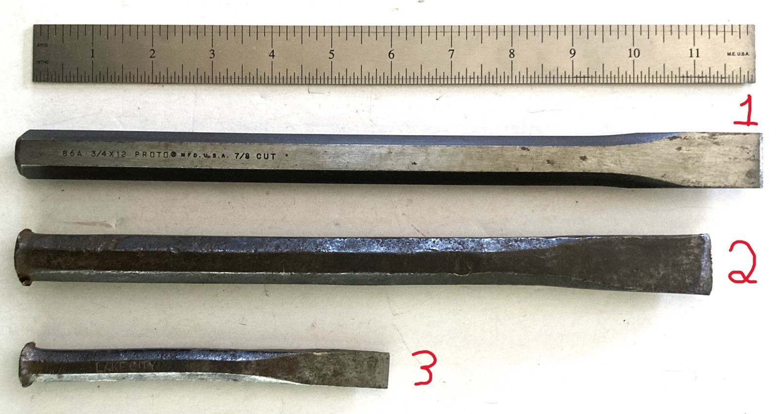3 VINTAGE COLLECTIBLE COLD METAL HARD STEEL CHISELS: MADE BY PROTO & LAKE CITY