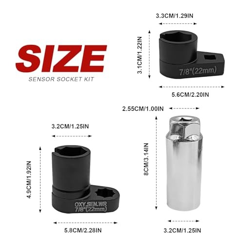 3-Piece Oxygen Sensor Socket Set – 7/8″ (22mm) Offset Wrench Tool for O2
