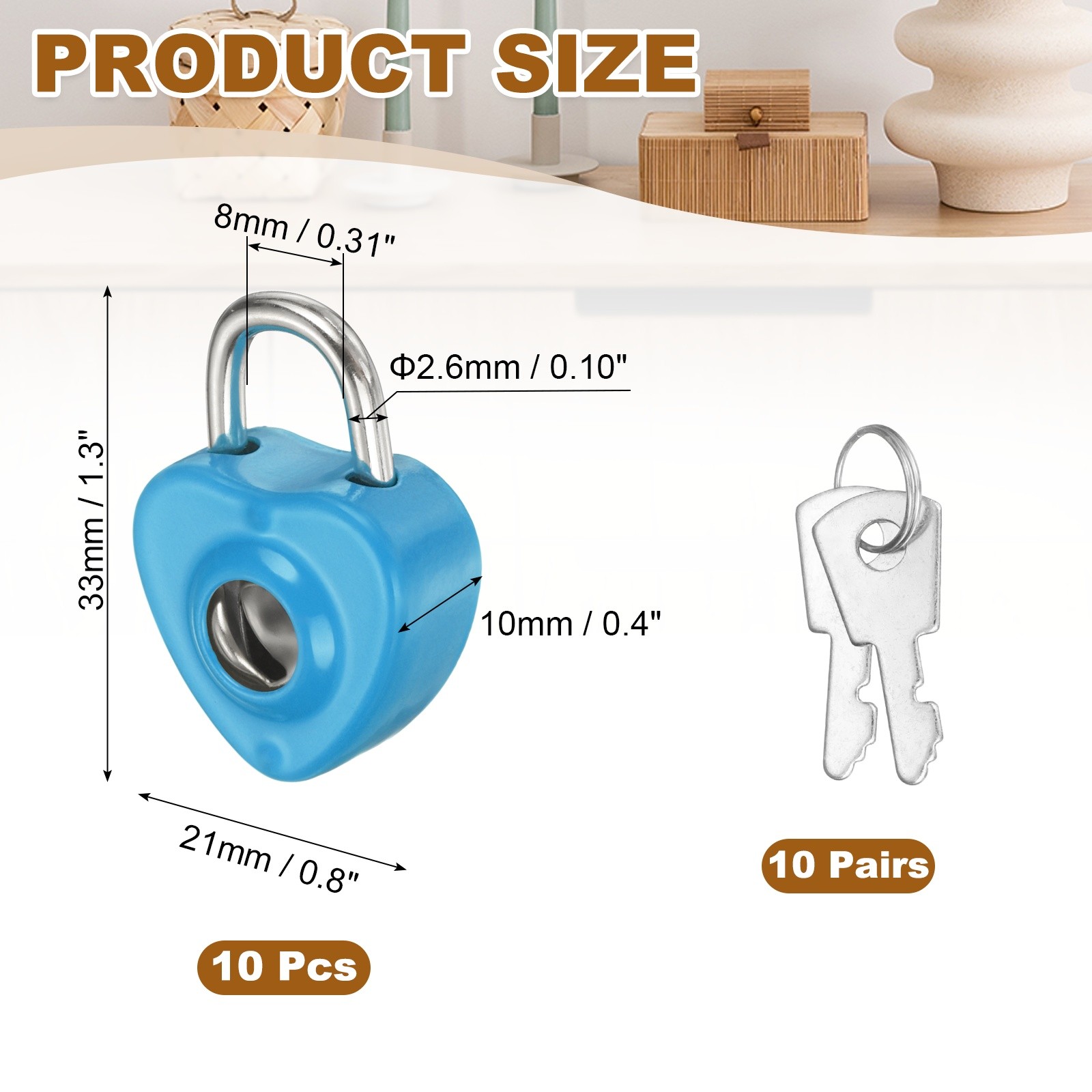 10Pcs Mini Diary Padlock, Small Heart Shaped Lock with 2 Keys Medium Blue