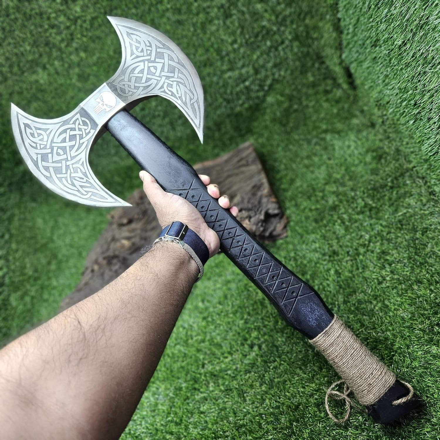 Custom Forged Viking Axe, Carbon Steel Engraved Blade with Rope Wrapped Handle