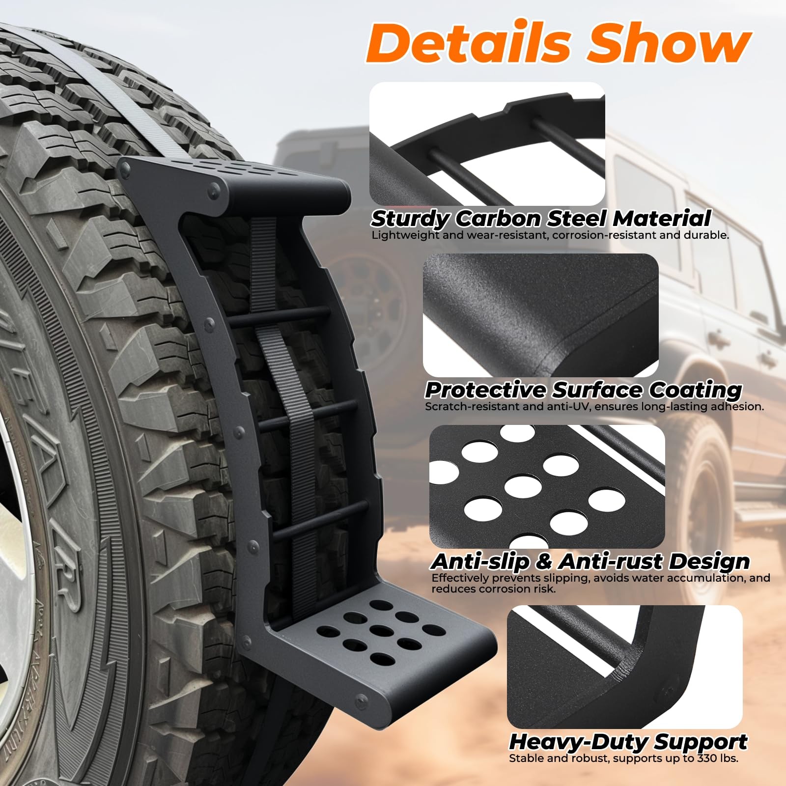 Spare Tired Step for SUV, Truck and RV with 5m Ratchet Strap Fit Black