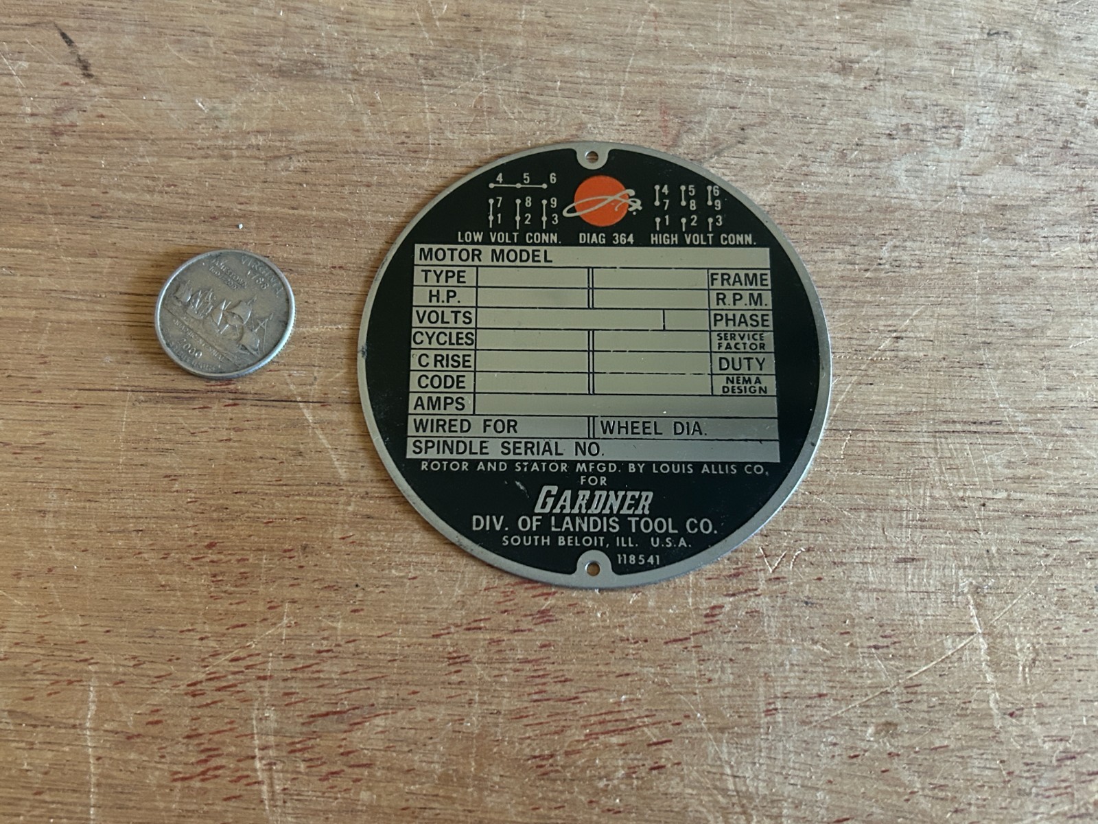 Gardner Landis Tools Machine Motor Tag Plate 3-1/4″ South Beloit IL Vintage