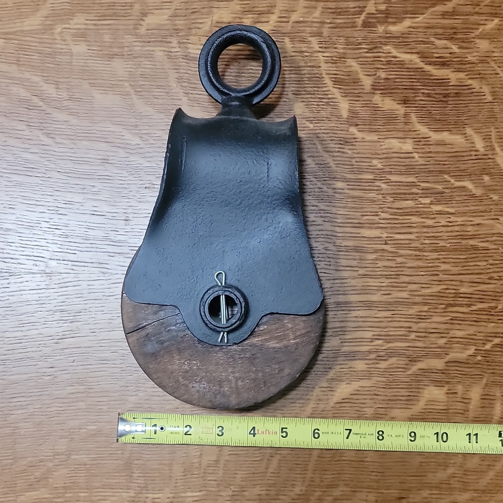Antique Wood & Cast Iron Pulley Block w/ Strap Ring, Approx. 11 in