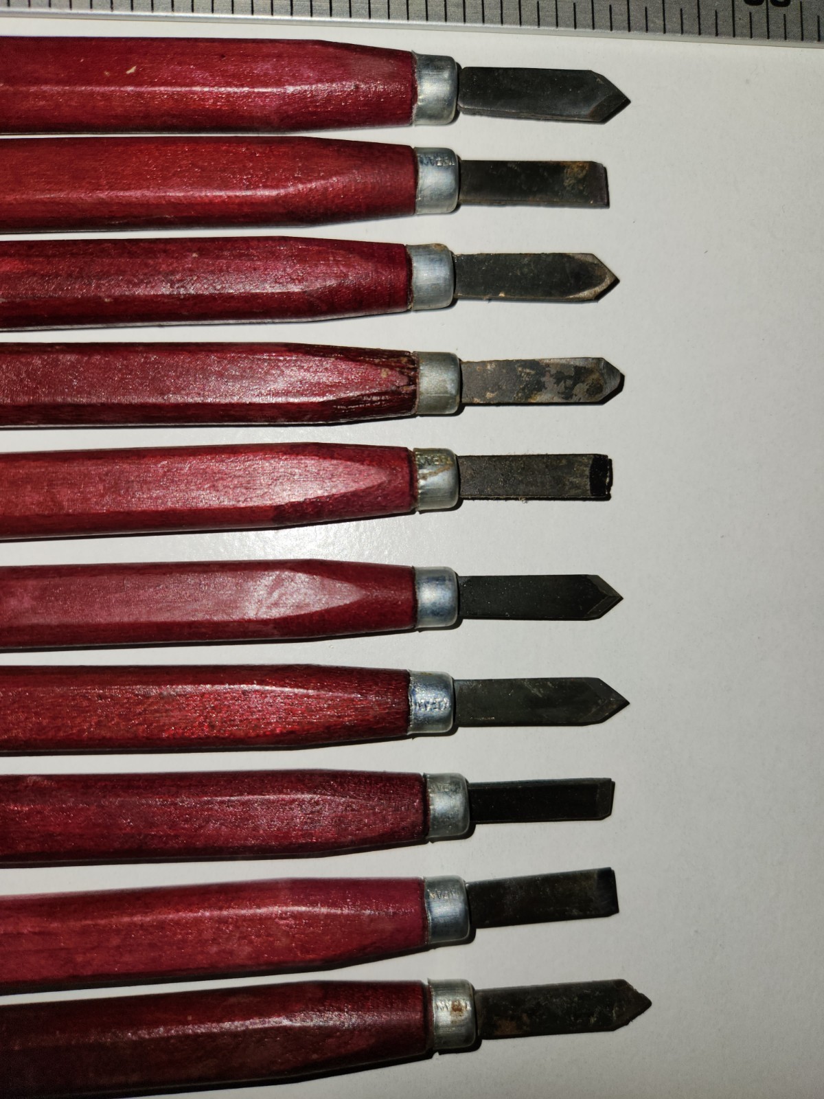 Vtg 6″ WOOD Tools 10 PIECE Alloy Steel Blades CHISEL SET Witherby? Mastercraft?