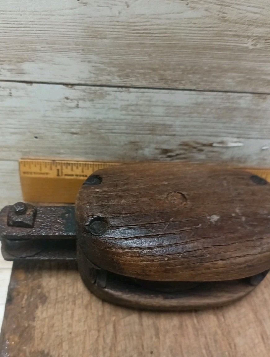 Antique Cast Wood Block Tackle Pulley Farm Nautical Decor FS
