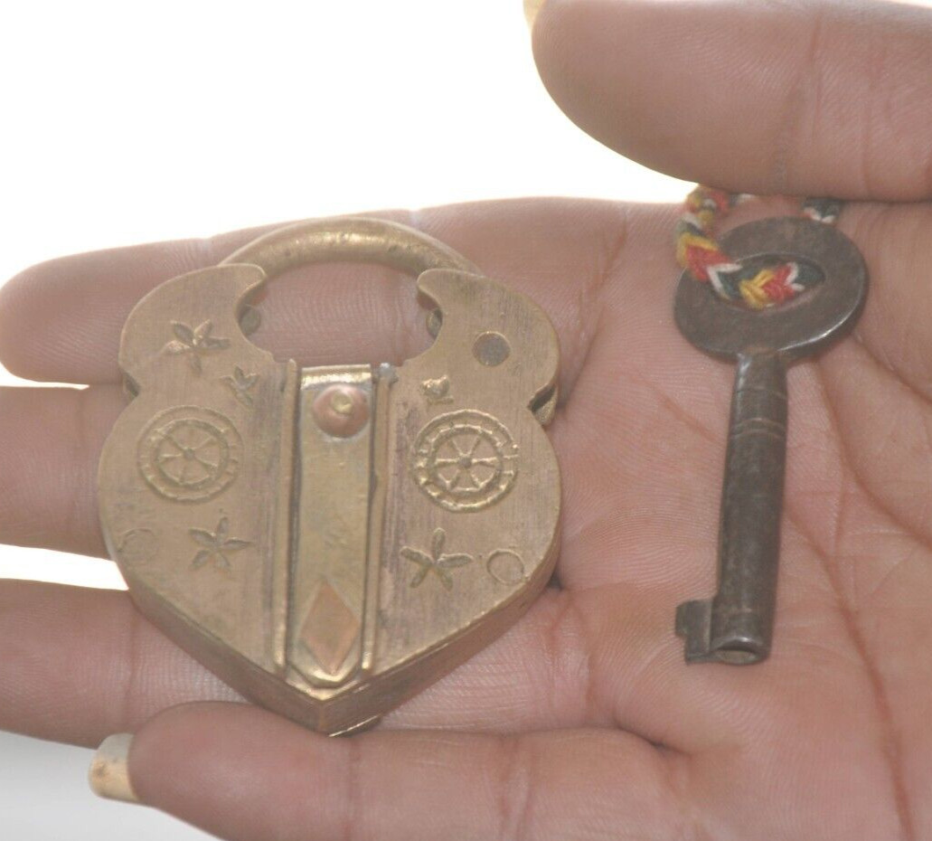 Vintage Brass Heart Shape Circles & Flowers Engraved Handcrafted Pad Lock