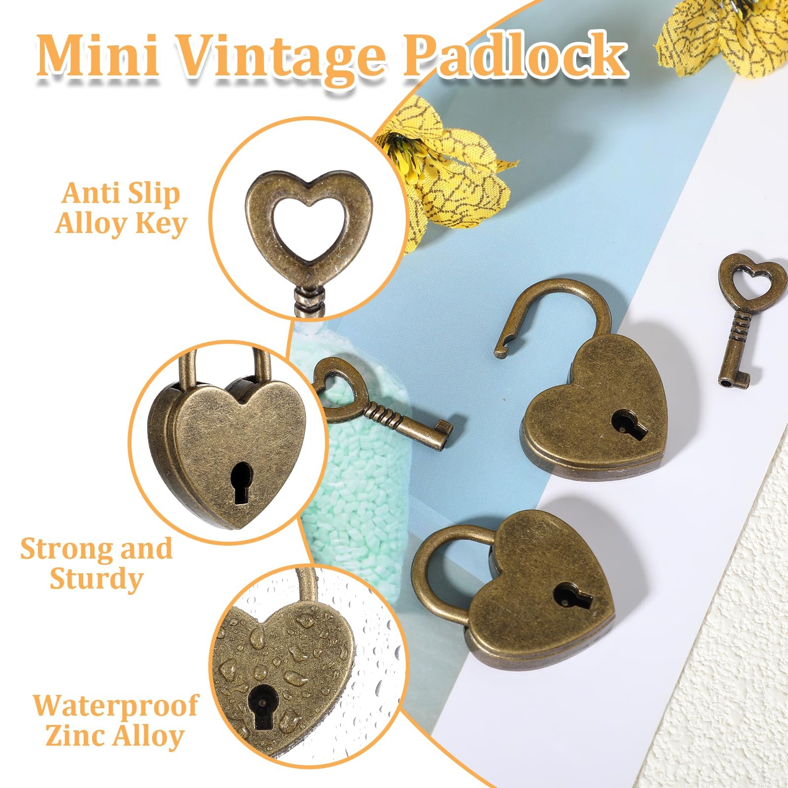 JJUNW 2Pcs Small Heart Locks with Key, Bronze Antique Padlocks for Brone