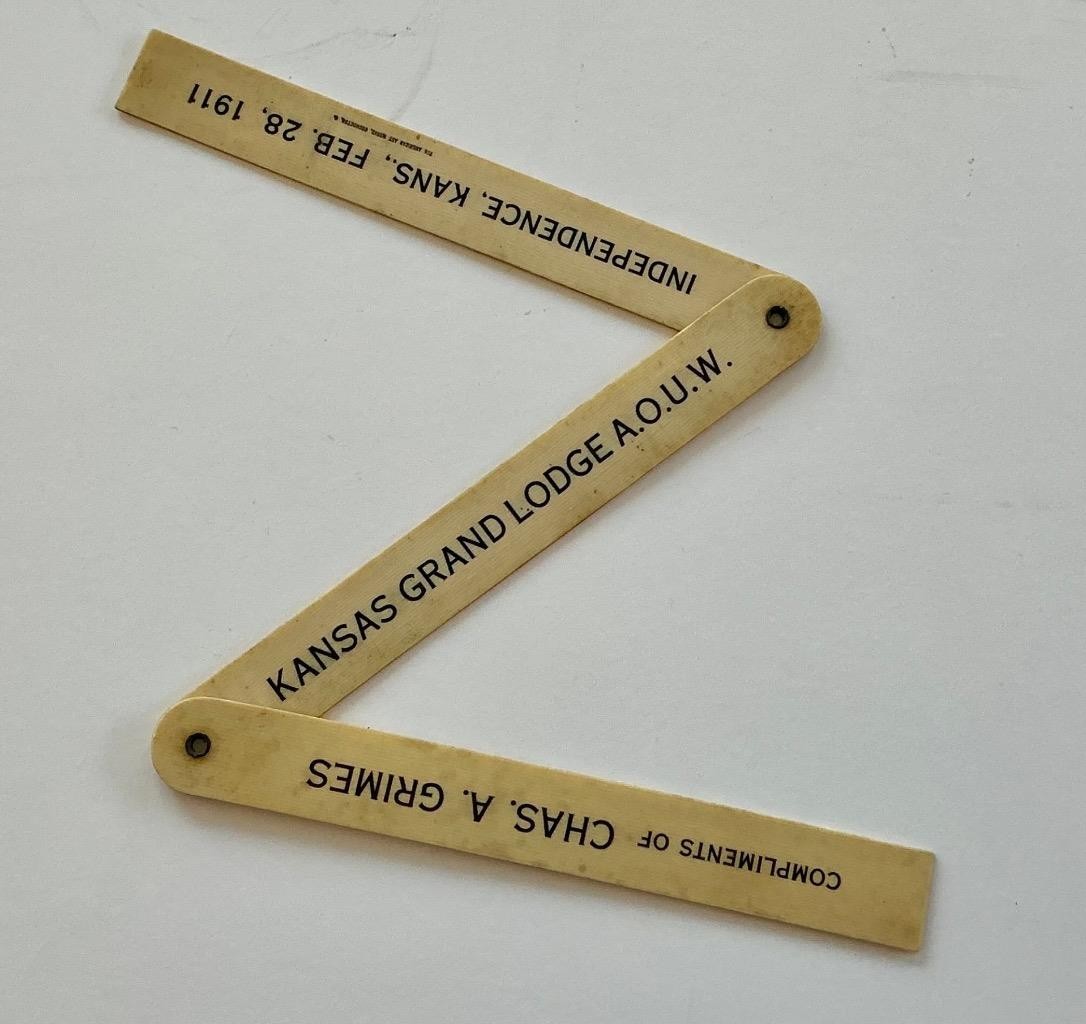 Antique Celluloid Folding Advertising Ruler, A.O.U.W. Kansas Grand Lodge, 1911