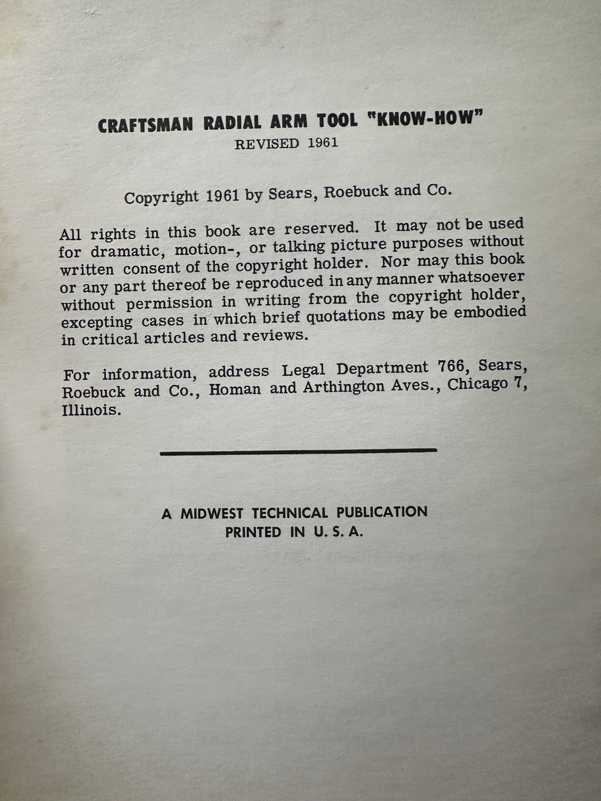 1961 Sears Roebuck “Craftsman Radial Arm Tools” Manual Machine Tools Workshop