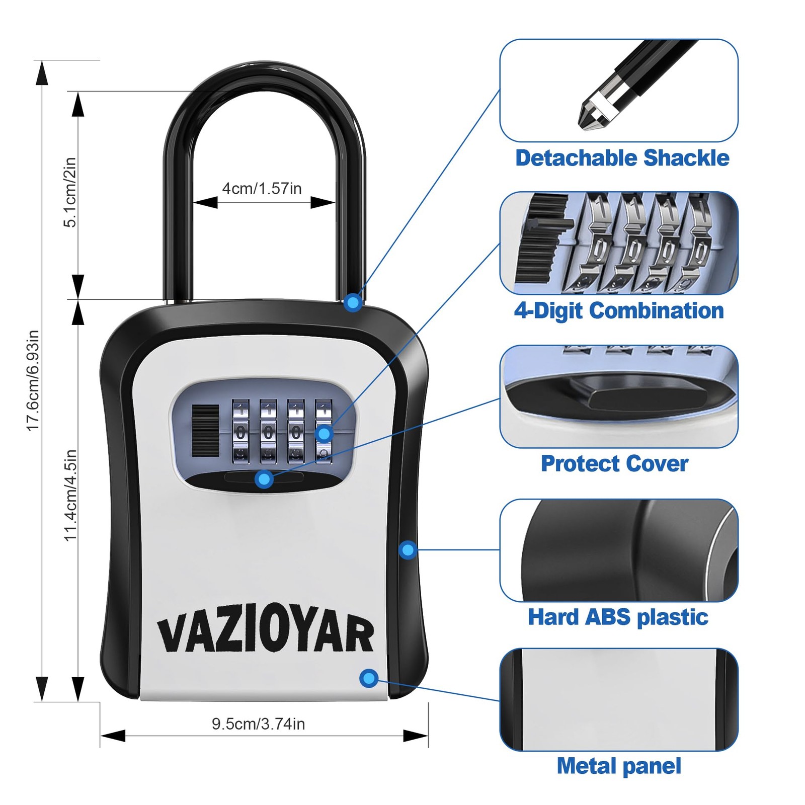 Vazioyar Key Lock Box for Outside, 1.6 x 3.5 x 4.7 inches, With Shackles