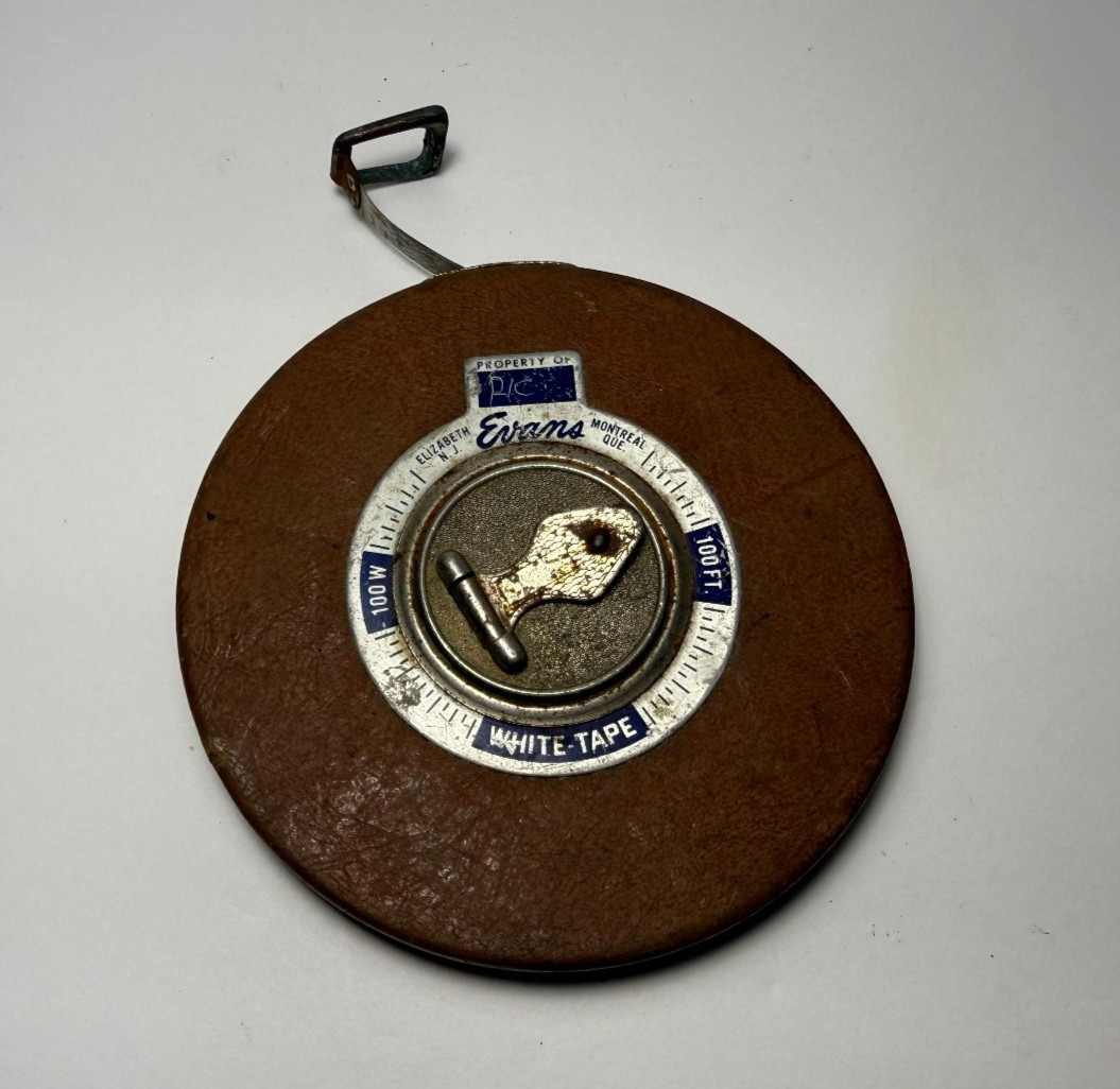 Vintage Evans 100 ft “White Tape” Metal Tape Measure USA