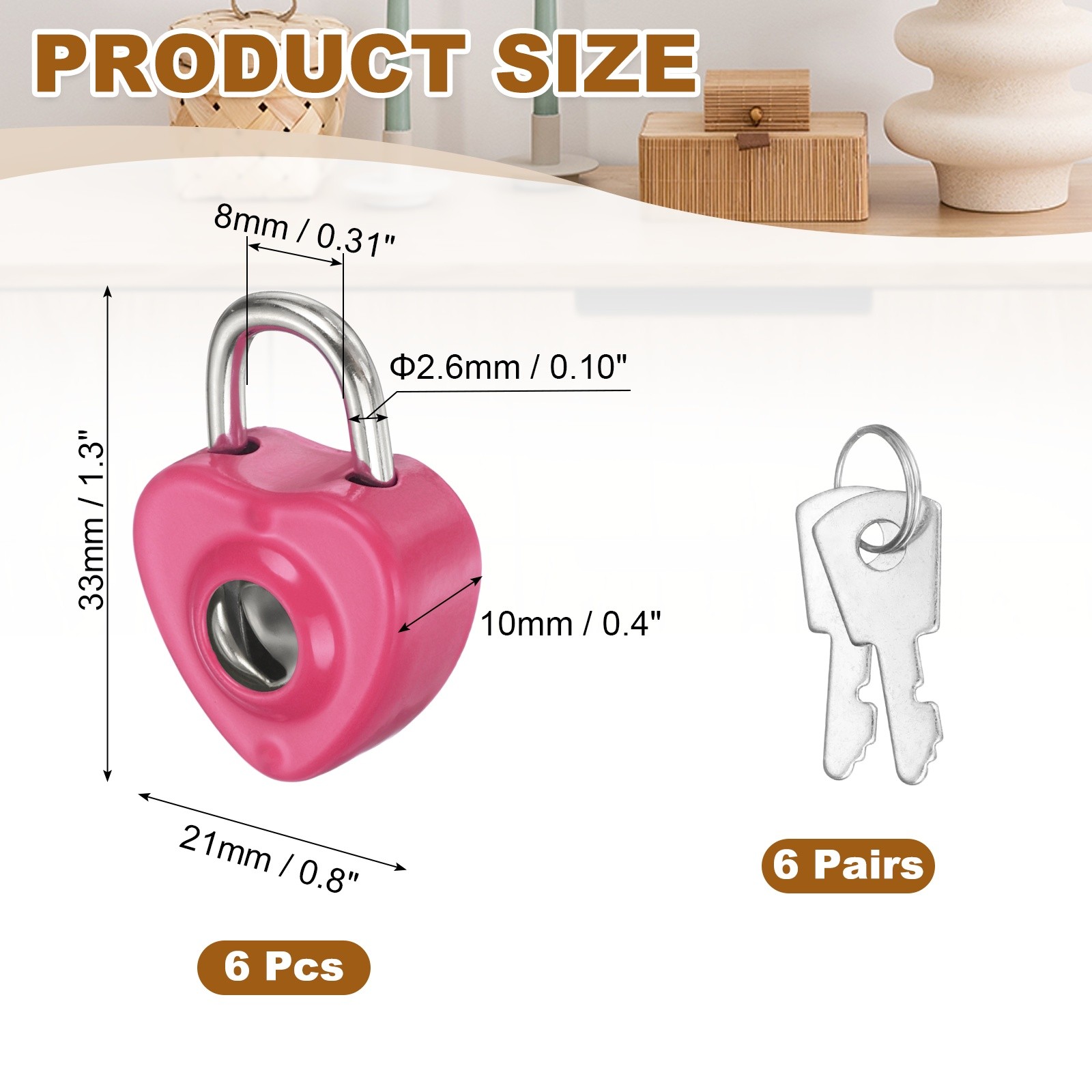 6Pcs Mini Diary Padlock, Small Heart Shaped Lock with 2 Keys Rose Red