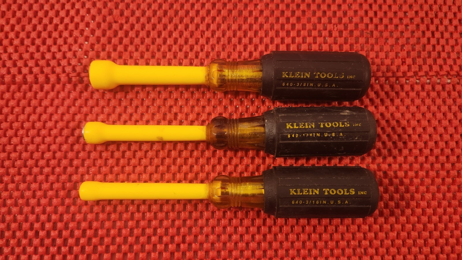 3 KLEIN TOOLS INC. COATED SHAFT NUT DRIVERS, 3/8″, 1/4″, & 3/16″, MADE IN U.S.A.
