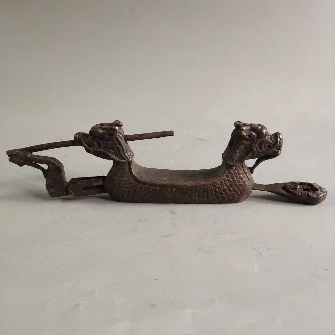 Rare Chinese Old Style Brass Carved Dragon Lock and Key NRR