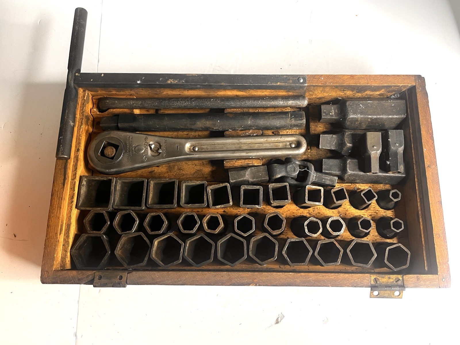 Antique Frank Mossberg Socket Set With Ratchet And Wood Box 42 Piece (No Lid)