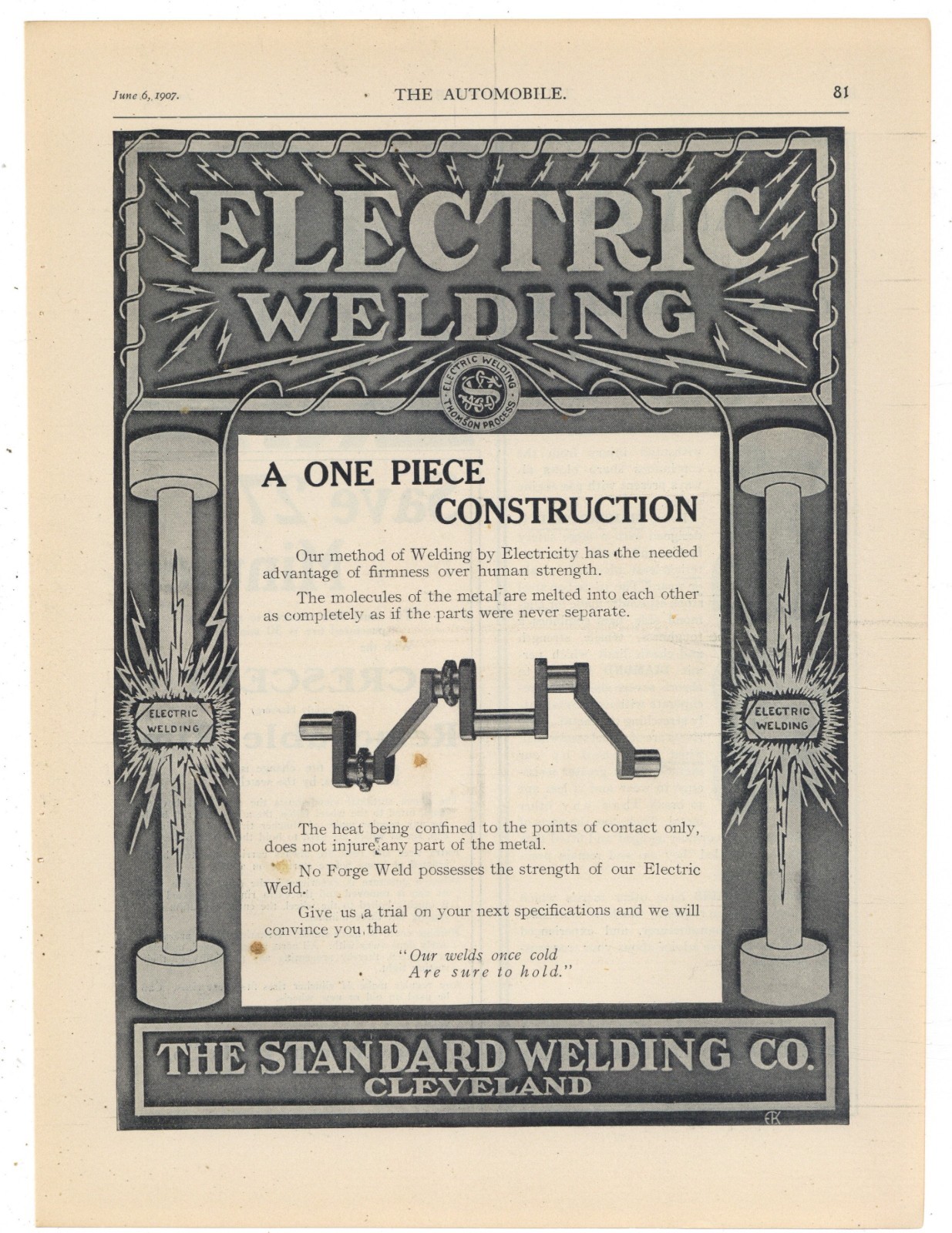 1907 Standard Welding Co. Cleveland, OhiO Ad: Thomson Process Electric Welding