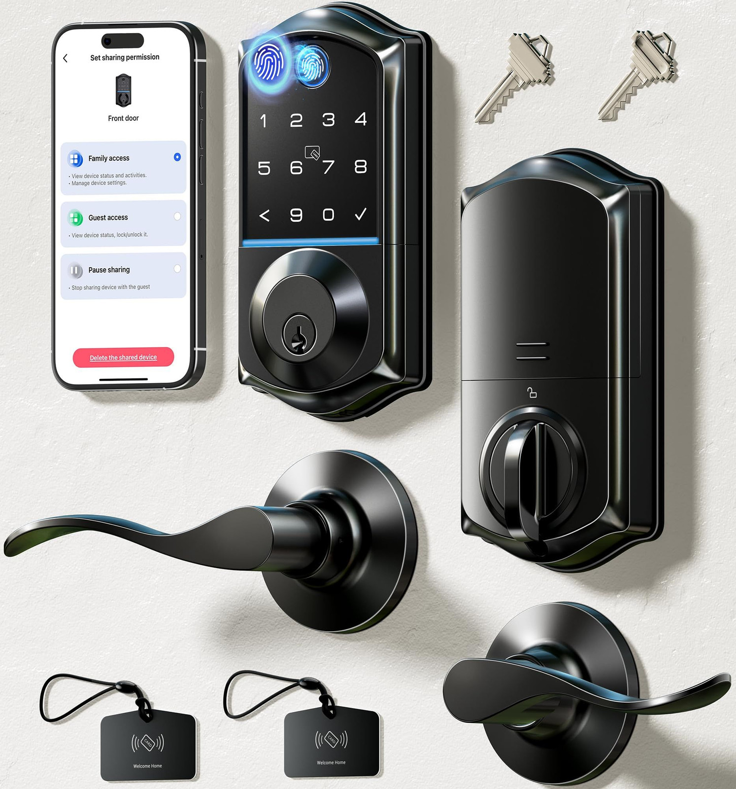 Veise VE017-L Fingerprint Smart Lock with Lever Handles, App Matte Black