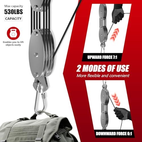 Upgraded Rope Hoist Pulley System, 530LB Pulley Block and 530LBS(65FT) Black