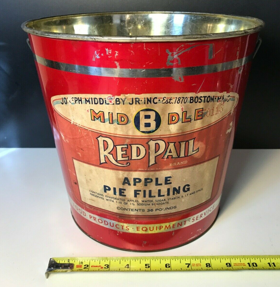 HUGE Metal Vintage Middleby Jr. 36 LB.Red Pail Brand Boston Mass. w/ WOOD HANDLE