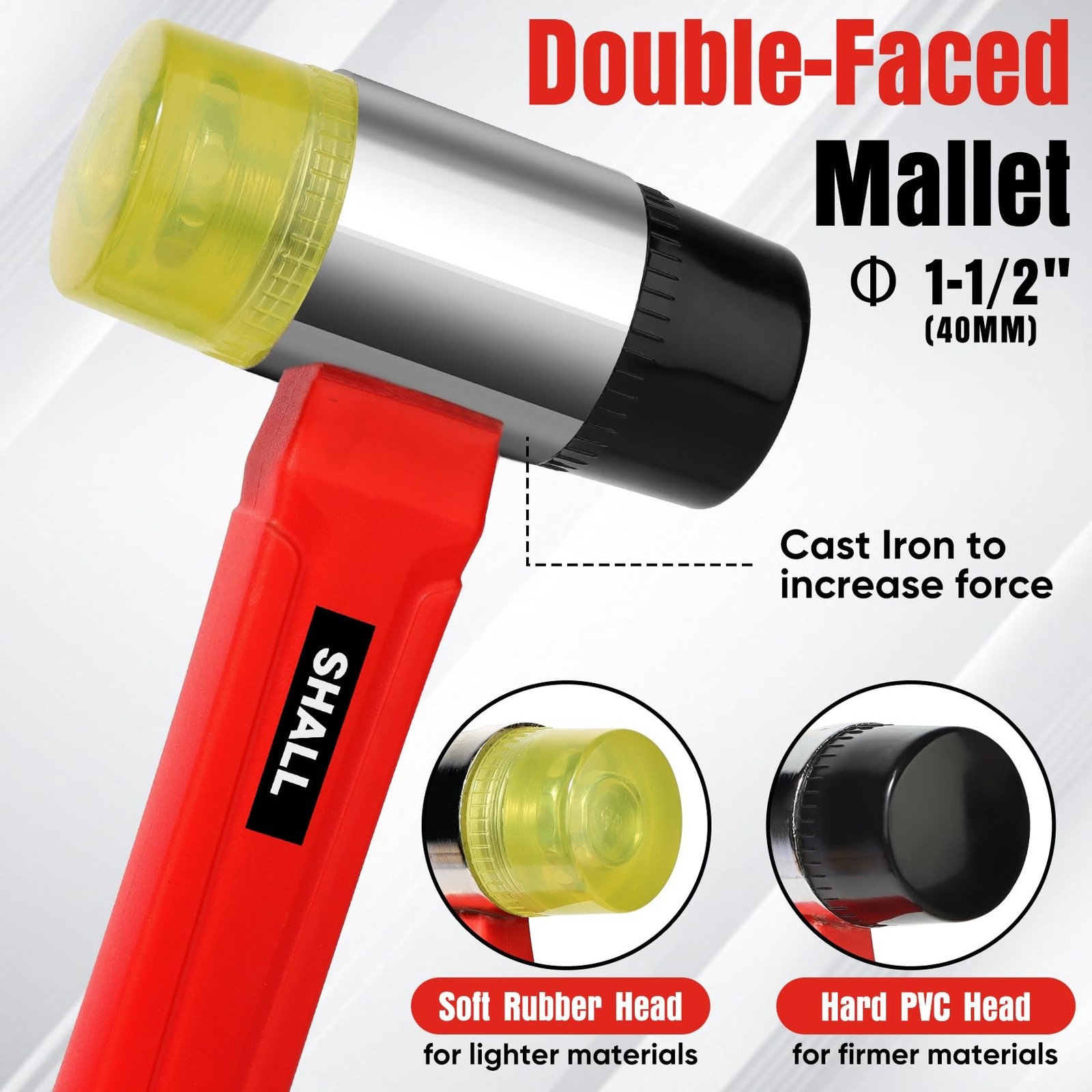 SHALL 2-Piece Rubber Mallet Hammer Set, 16oz Rubber Hammer Mallet & 40mm Doub…
