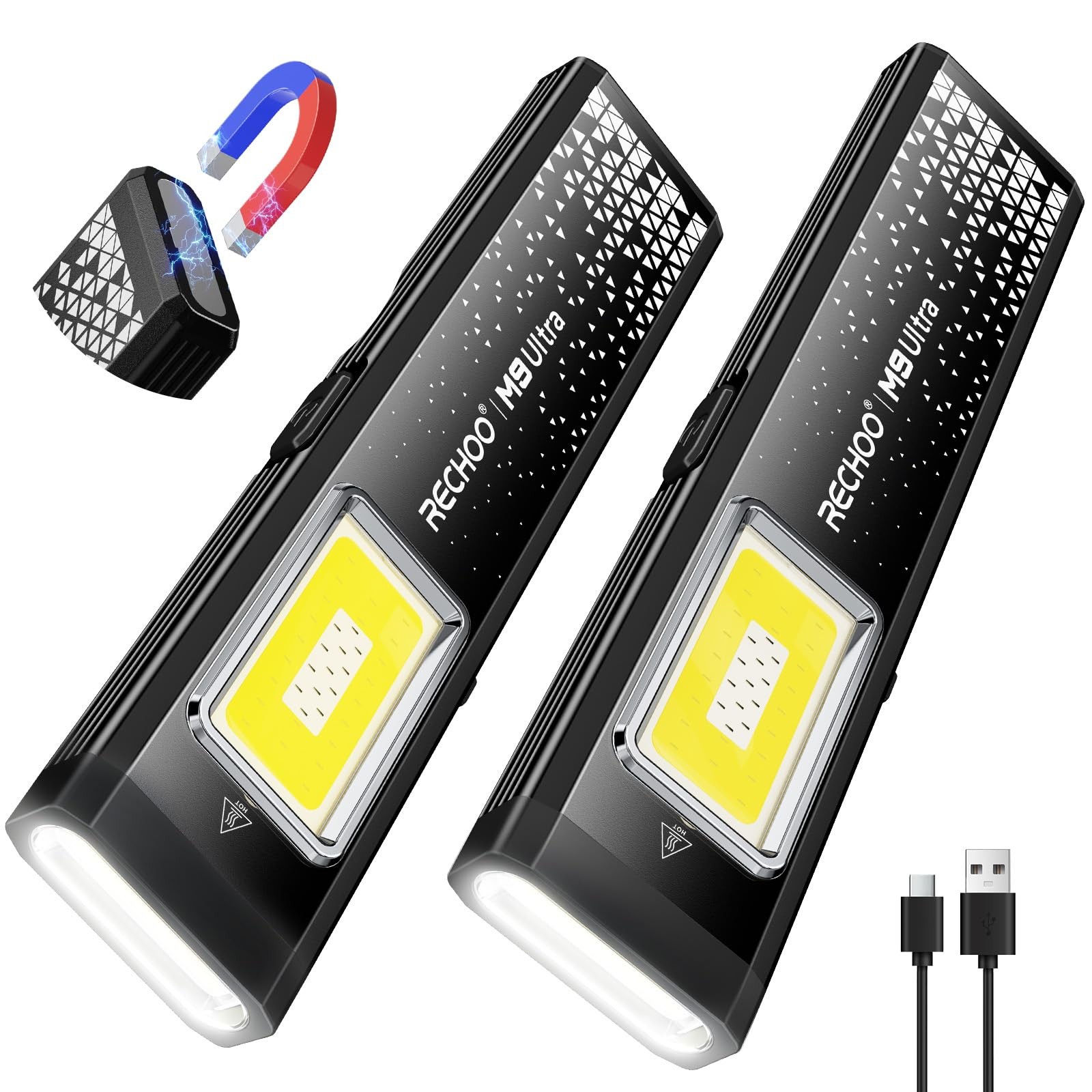 RECHOO Flat EDC Flashlight Rechargeable, 8-Mode Slim Pocket 2 Pack, Black
