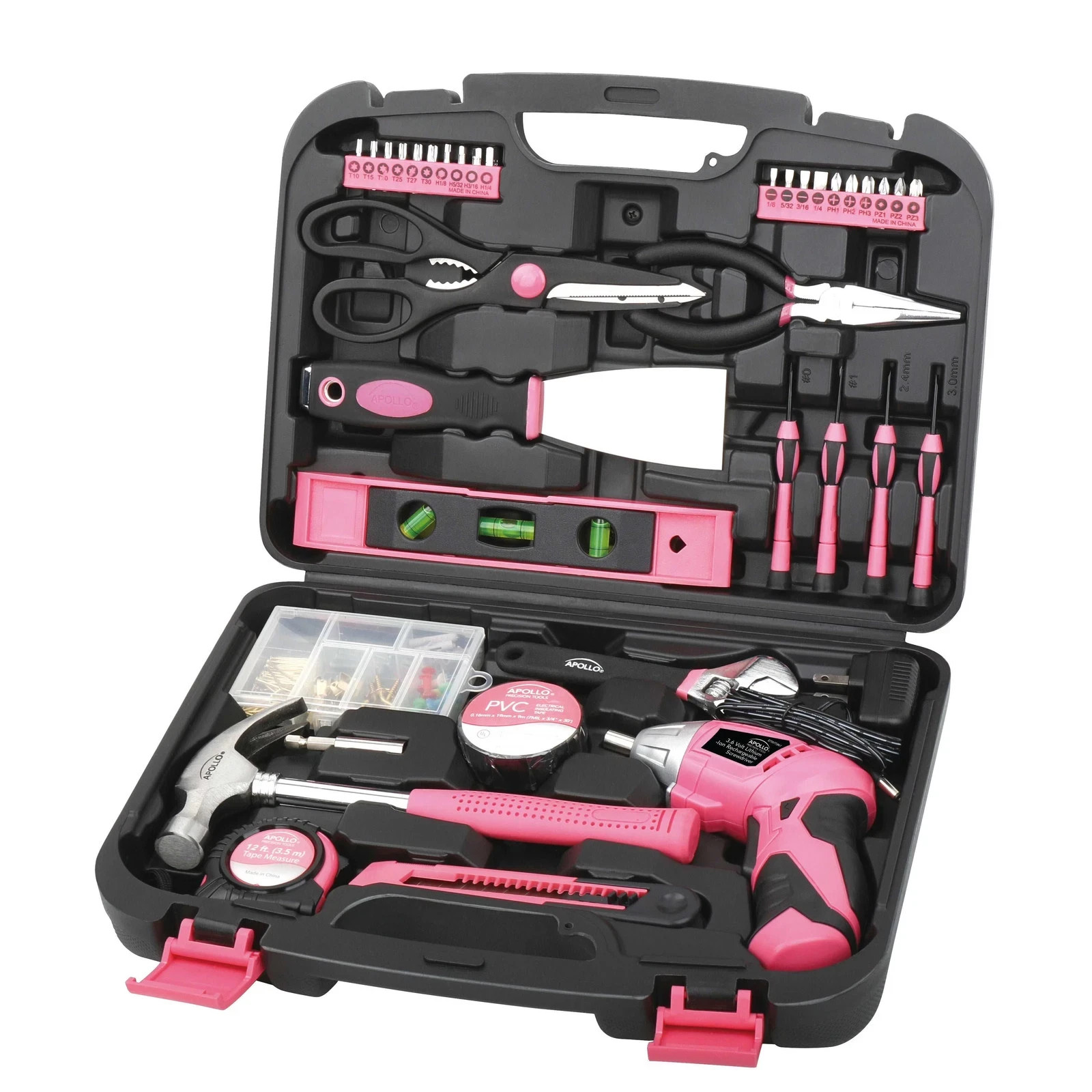 Apollo DT0773N1 Pink 135pc Household Tool Kit with Cordless Screwdriver
