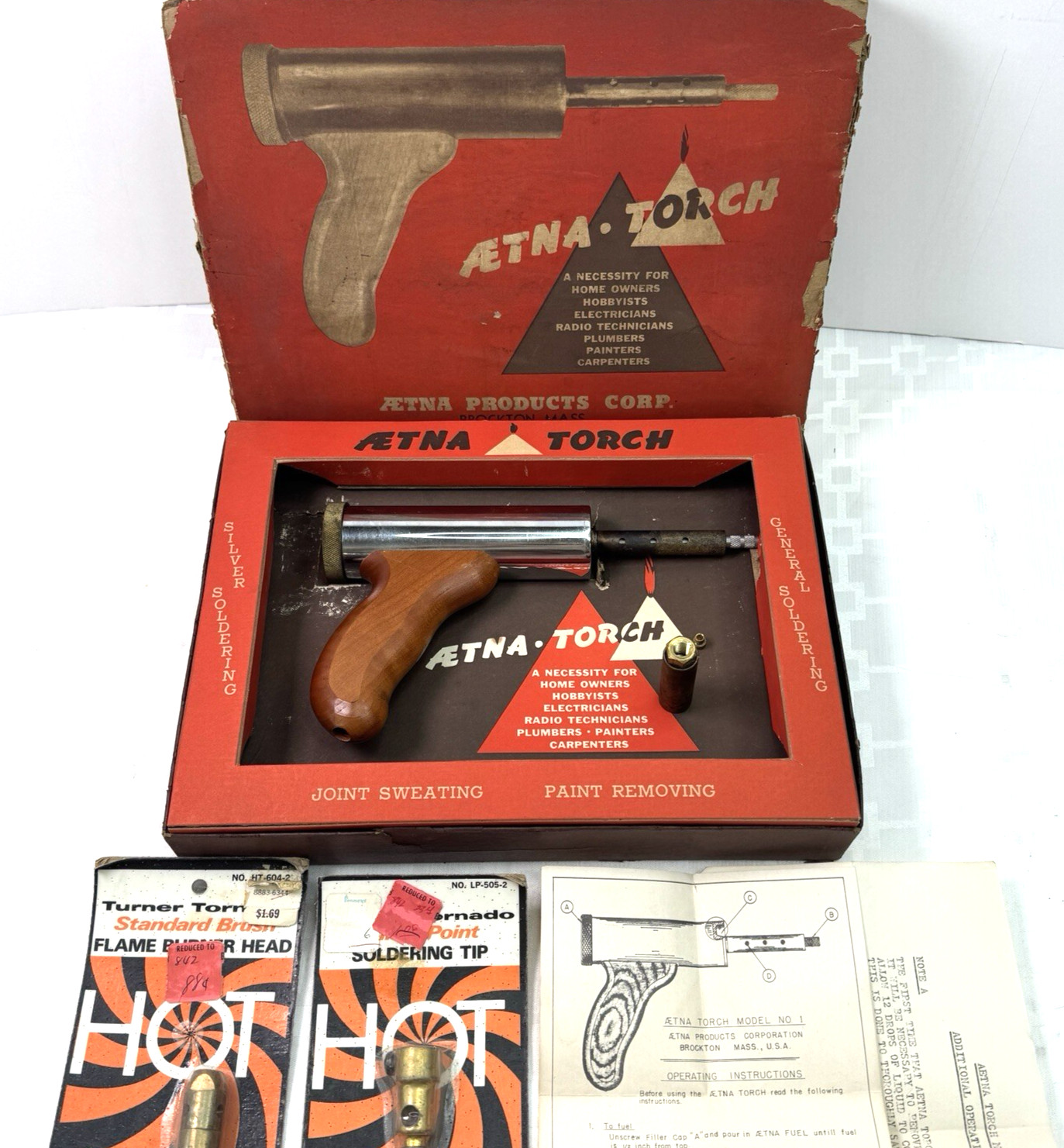 1955 AETNA Alcohol Torch Model No 1 with Soldering & Flame Burner Tips in Box