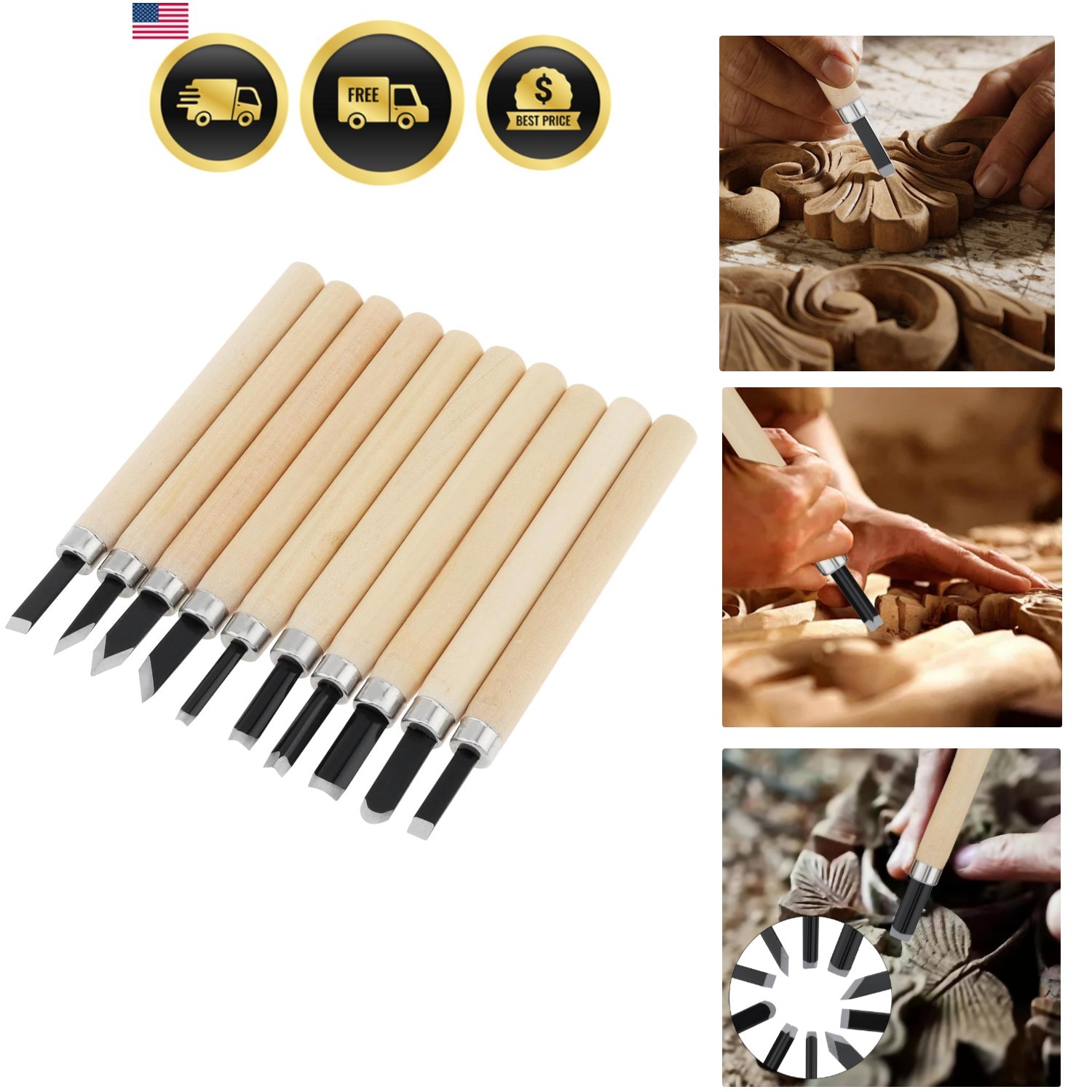 10pcs Professional Wood Carving Chisel Set – Carbon Steel Woodworking Tools, …