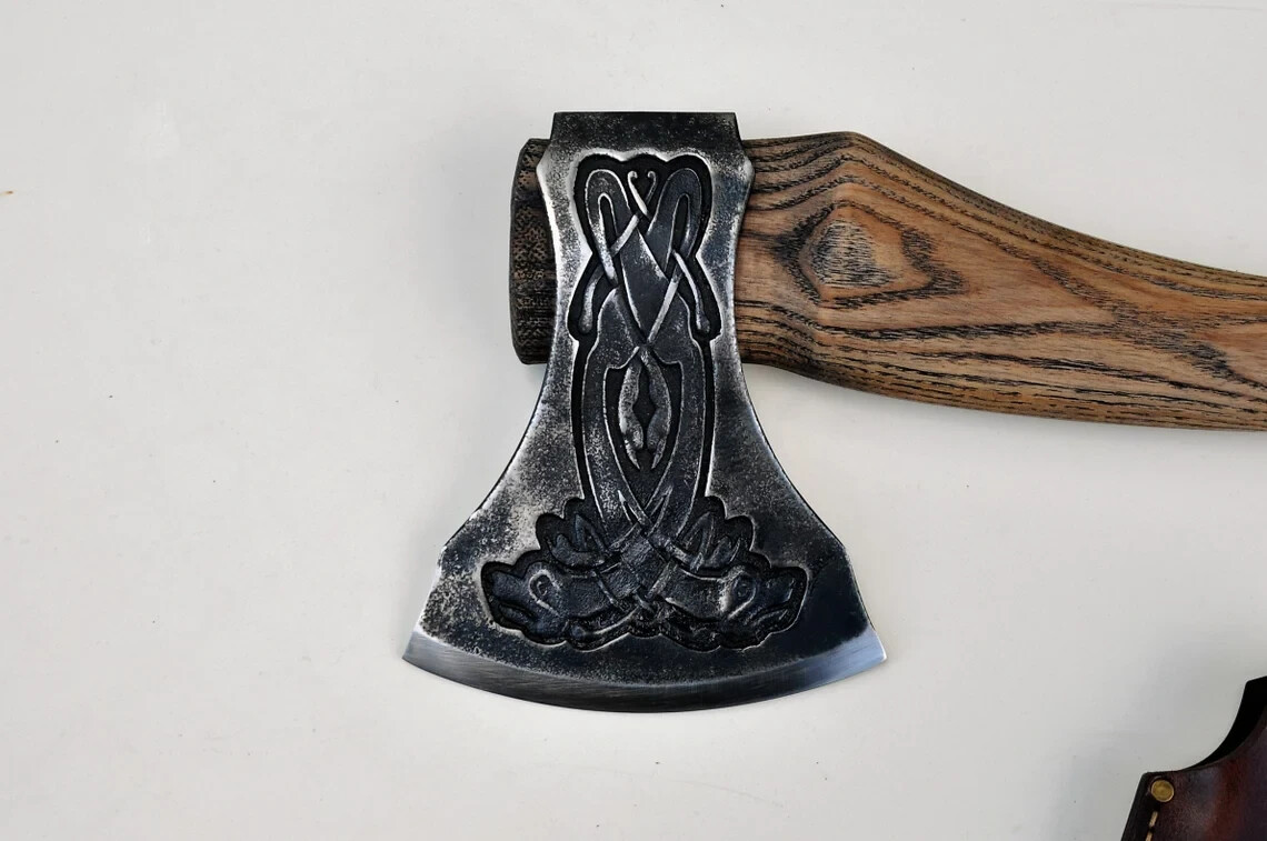 Custom axe “Two Celtic Dragons”-D2 Steel- Fireplace tool- felling, chopping