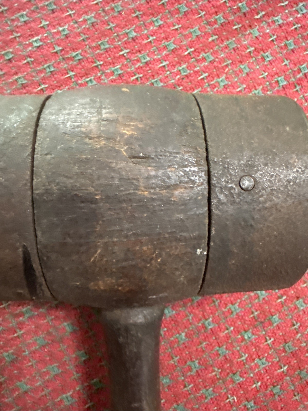 Primitive Rustic 11″ Wood Mallet Tool Woodworking Hammer w/Steel Bands Inv#JK65