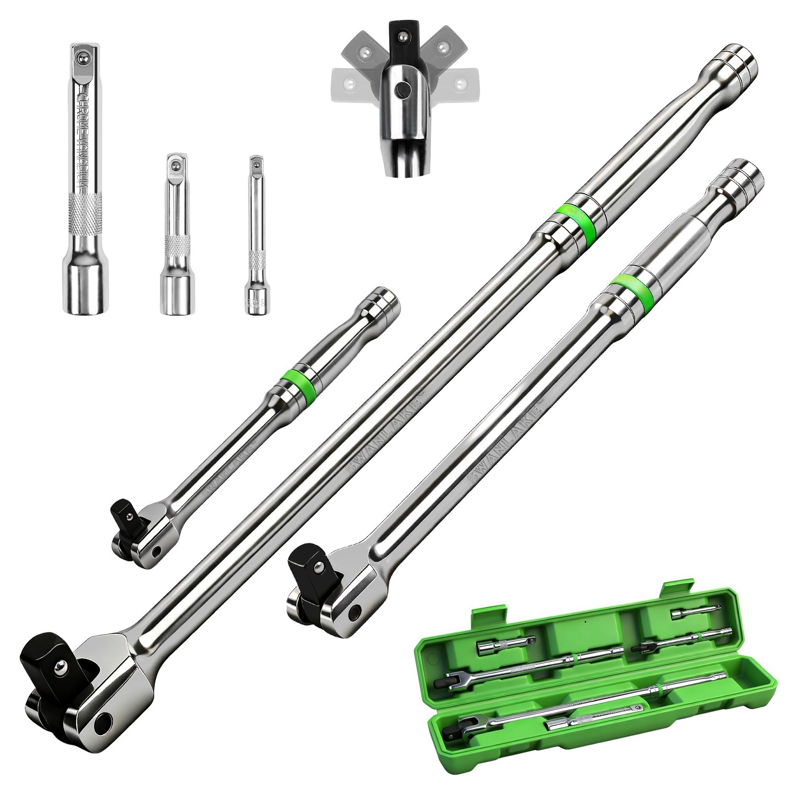 6-Piece Premium Breaker Bar Set, 1/4 3/8 1/2 Drive, 6/10/15 inch, 180° Rotatable